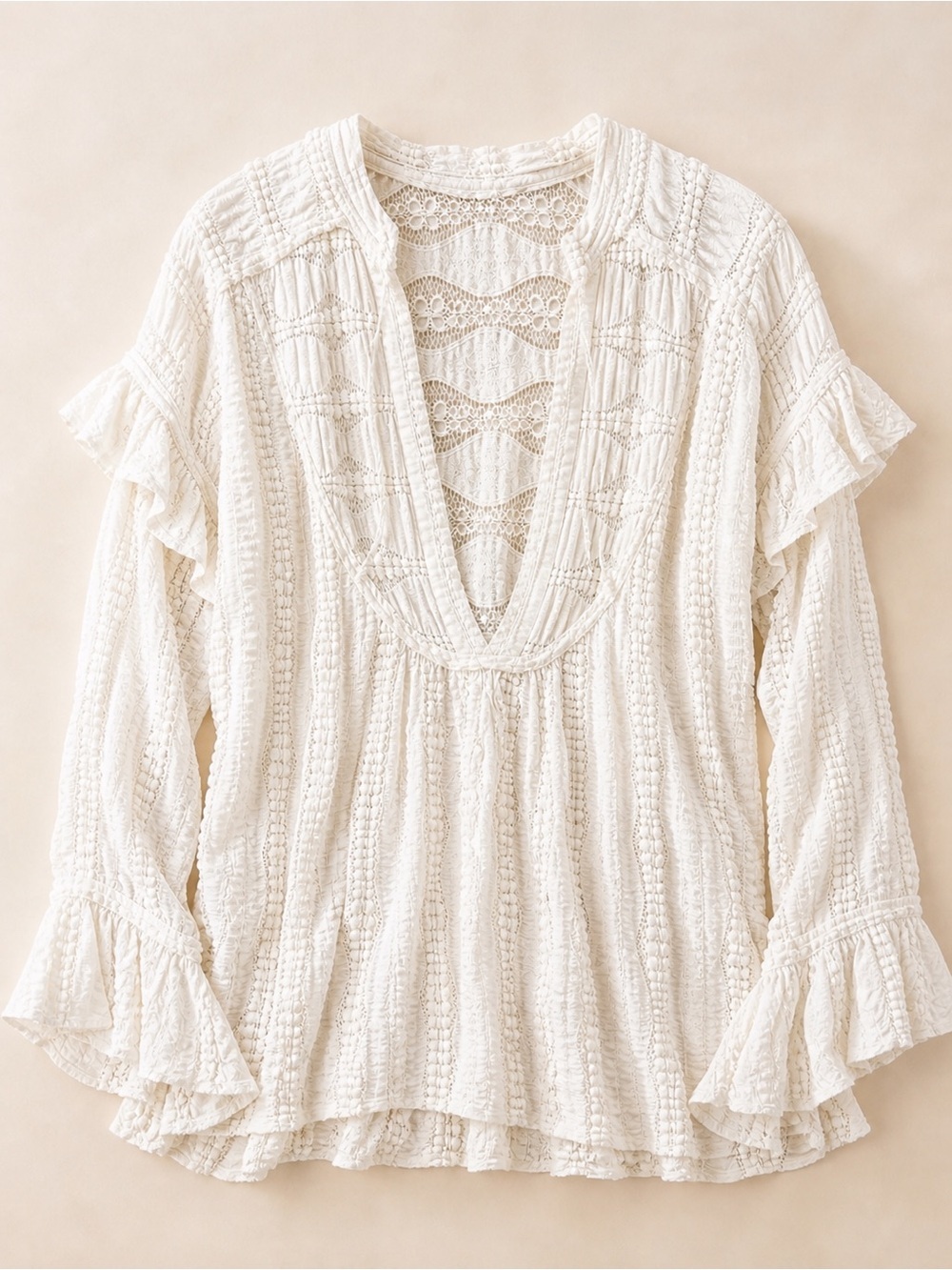 Free People romantic boho lace deep v cottagecore blouse  ivory ruffle sleeve S - Picture 2 of 9
